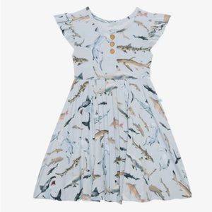 Posh Peanut Maverick Shark Ruffled Capsleeve Henley Twirl Dress. Size 5T.Bamboo